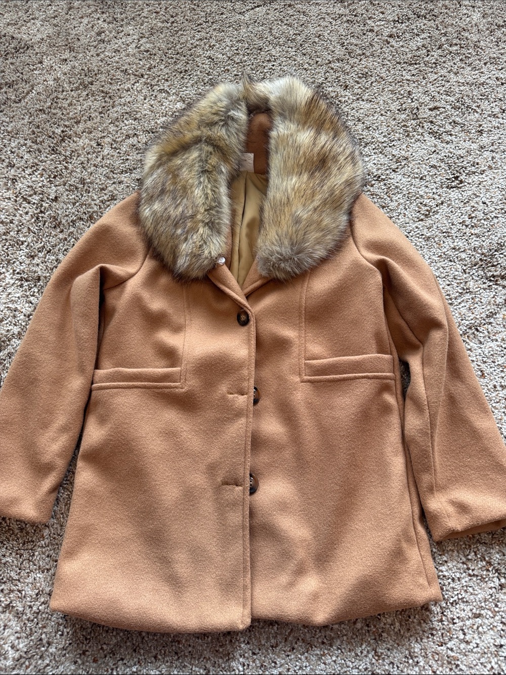 Girls Camel Coat with Faux Fur Collar - SHEIN - Size 8Y
